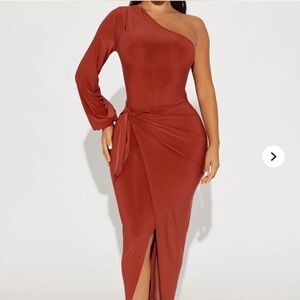 Elegant One-Shoulder Rust Dress